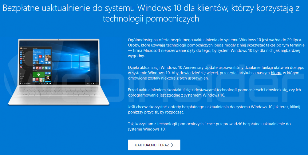 Bezpłatna aktualizacja do Windows 10 nadal możliwa, choć tylko dla